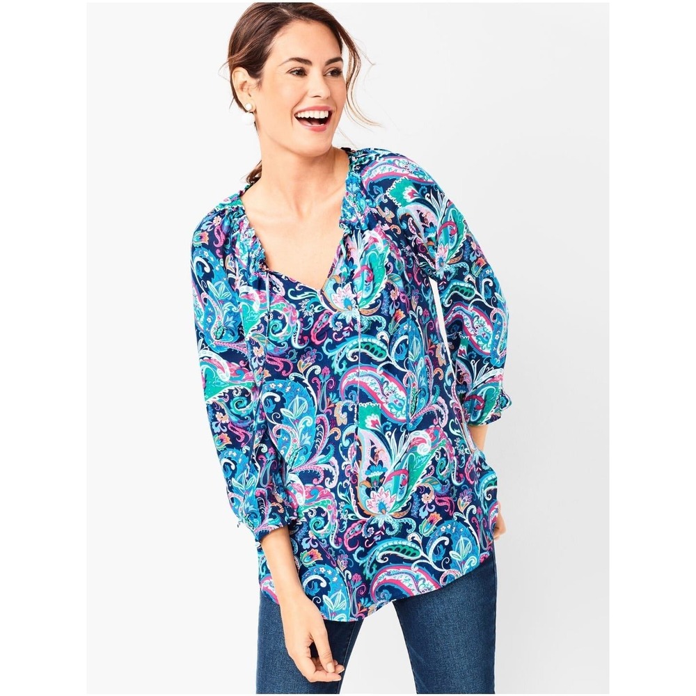 Talbots Plus 1X Blue Paisley Print Rayon Tunic Top 3/4 Sleeve V-Neck‎